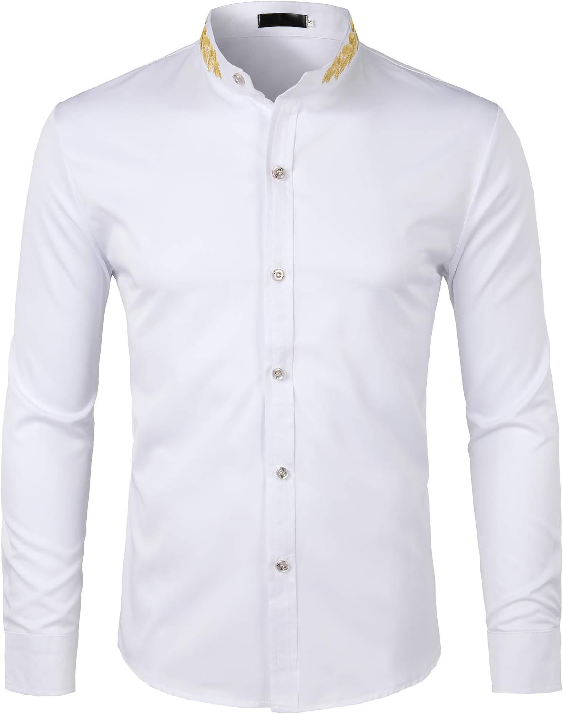 ZEROYAA Mens Hipster Gold Embroidery Mandarin Collar Slim Fit Long Sleeve Casual Dress Shirts