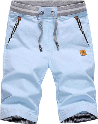 Justsun Mens Shorts Casual Classic Fit Cotton Summer Beach Shorts with Elastic Waist and Pockets