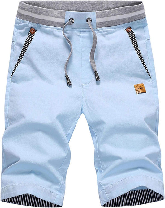 Justsun Mens Shorts Casual Classic Fit Cotton Summer Beach Shorts with Elastic Waist and Pockets