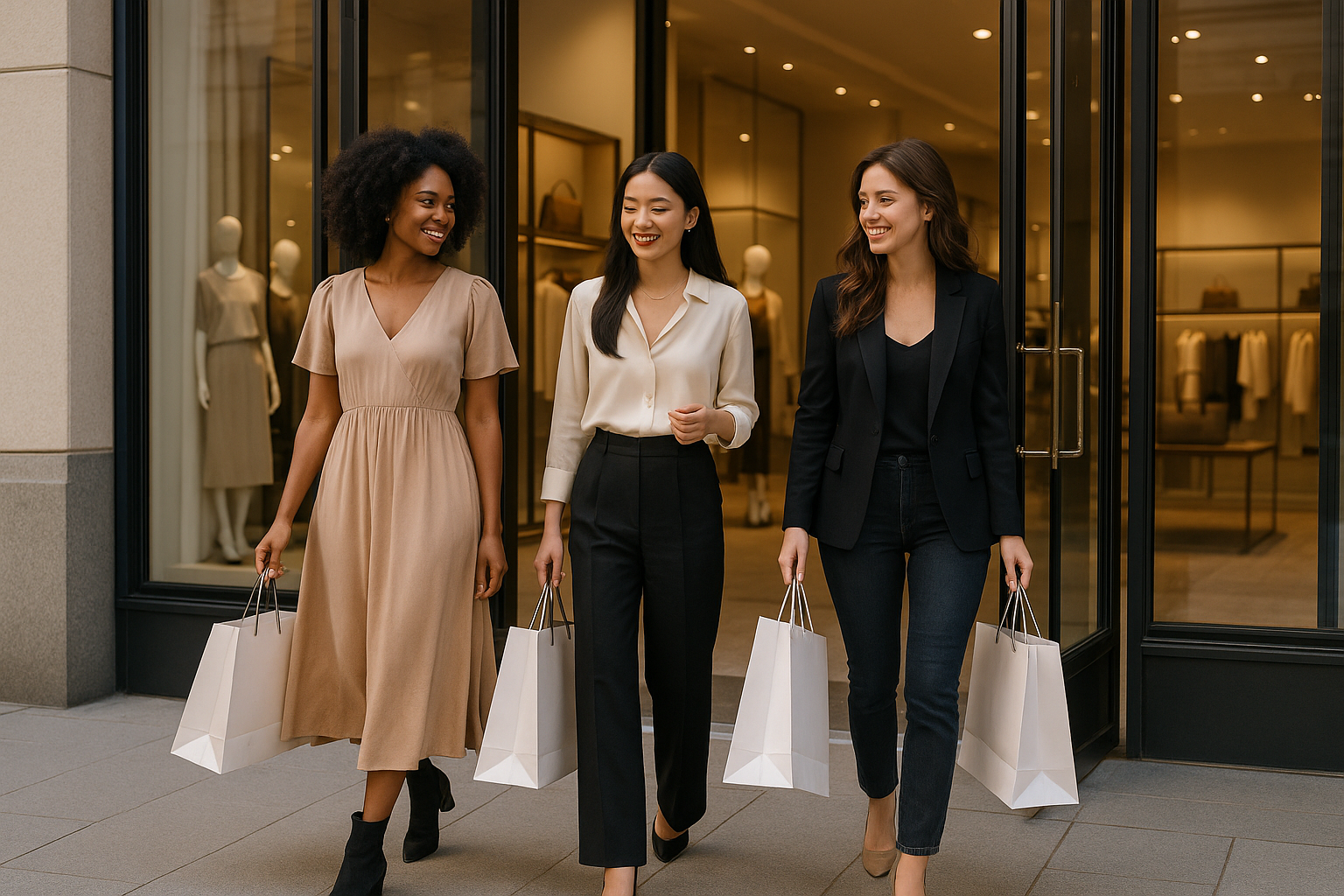 3 beautiful ladies of different races dressed elegantly but casual leaving a boutique