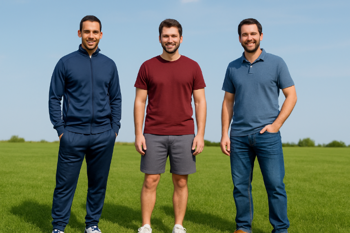 3 men standing on a grassy field on wearing a track suit, one wearing short set, and one dressed casual