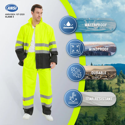 Hi Vis Safety Rain Jacket and Pants, Waterproof Reflective Rain Gear for Farming Fishing Work, Men Women Rain Suit with Inner Mesh Lining and Pockets, Green