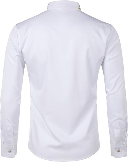ZEROYAA Mens Hipster Gold Embroidery Mandarin Collar Slim Fit Long Sleeve Casual Dress Shirts