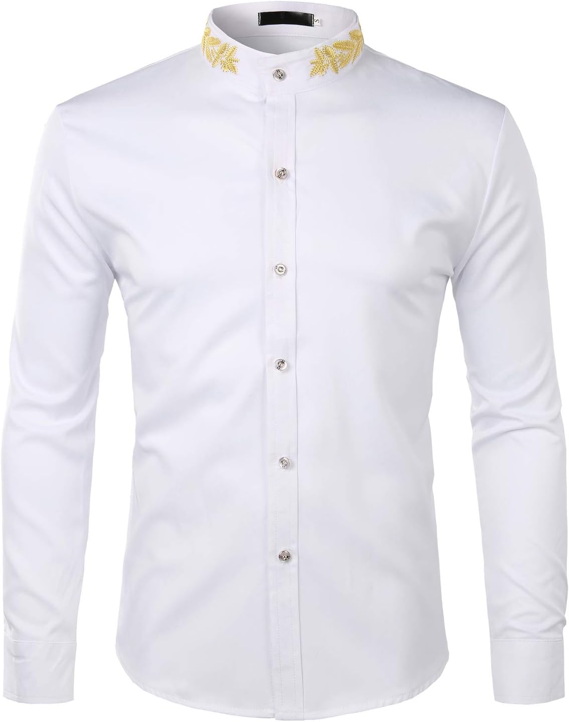 ZEROYAA Mens Hipster Gold Embroidery Mandarin Collar Slim Fit Long Sleeve Casual Dress Shirts