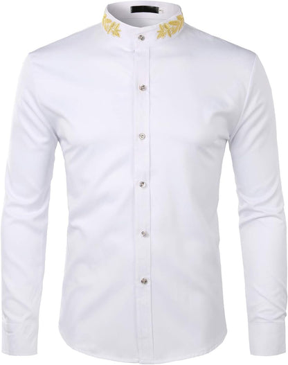 ZEROYAA Mens Hipster Gold Embroidery Mandarin Collar Slim Fit Long Sleeve Casual Dress Shirts