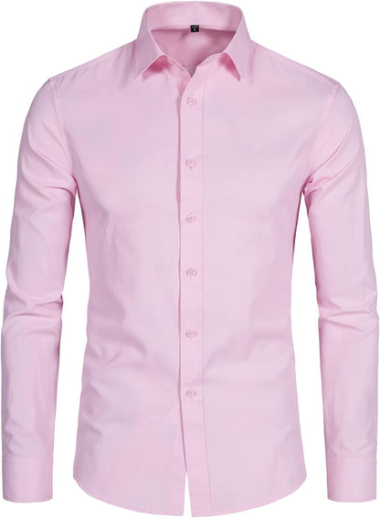 Men'S Long Sleeve Button up Shirts Solid Slim Fit Casual Business Formal Dress Shirt