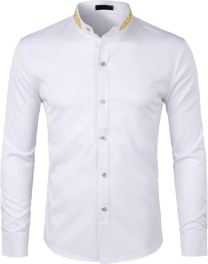 ZEROYAA Mens Hipster Gold Embroidery Mandarin Collar Slim Fit Long Sleeve Casual Dress Shirts
