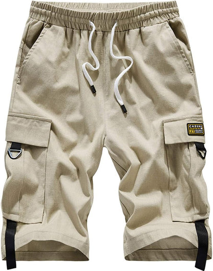 Xinyangni Men'S Cargo Shorts Elastic Waist Relaxed Fit Cotton Casual Outdoor Lightweight Work Shorts Multi-Pockets