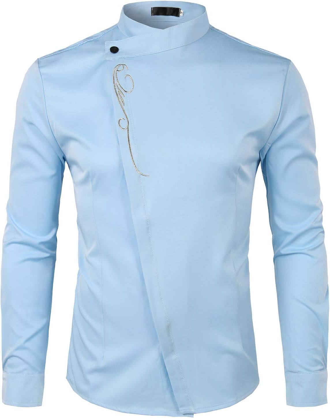 ZEROYAA Mens Hipster Gold Embroidery Mandarin Collar Slim Fit Long Sleeve Casual Dress Shirts