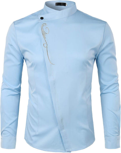 ZEROYAA Mens Hipster Gold Embroidery Mandarin Collar Slim Fit Long Sleeve Casual Dress Shirts