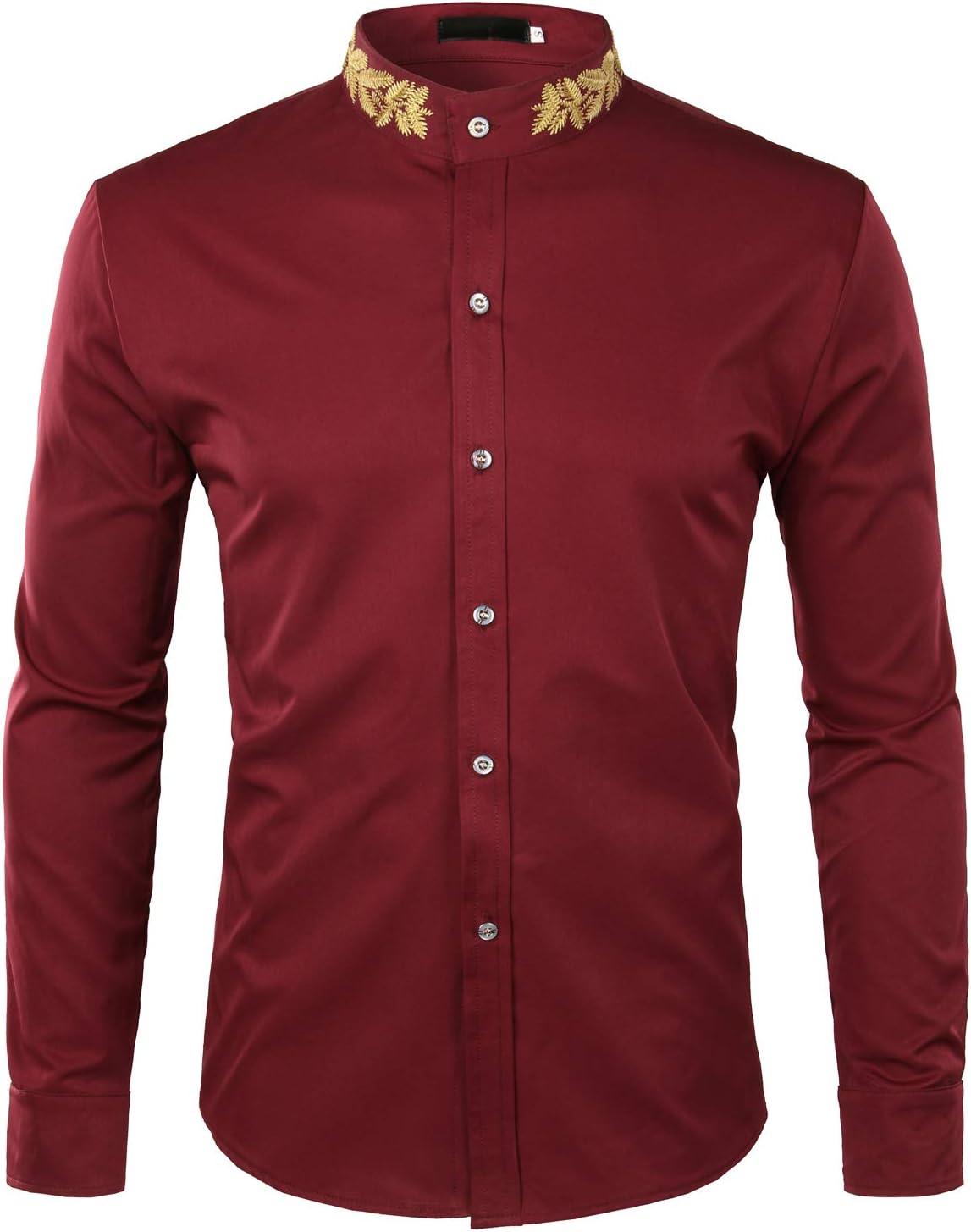 ZEROYAA Mens Hipster Gold Embroidery Mandarin Collar Slim Fit Long Sleeve Casual Dress Shirts