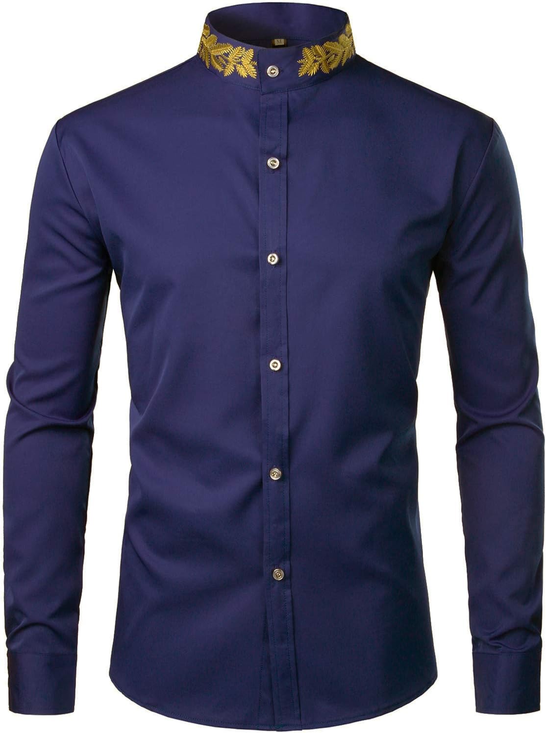 ZEROYAA Mens Hipster Gold Embroidery Mandarin Collar Slim Fit Long Sleeve Casual Dress Shirts