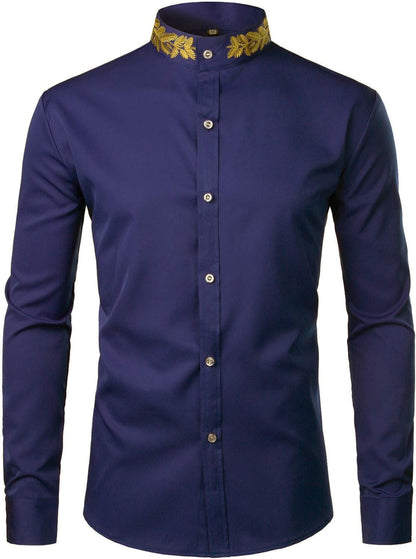 ZEROYAA Mens Hipster Gold Embroidery Mandarin Collar Slim Fit Long Sleeve Casual Dress Shirts