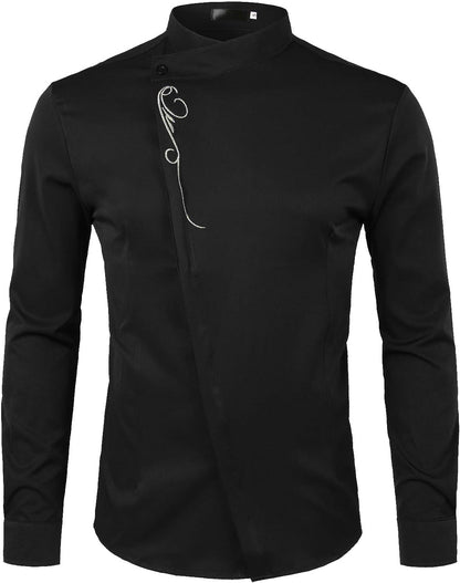 ZEROYAA Mens Hipster Gold Embroidery Mandarin Collar Slim Fit Long Sleeve Casual Dress Shirts