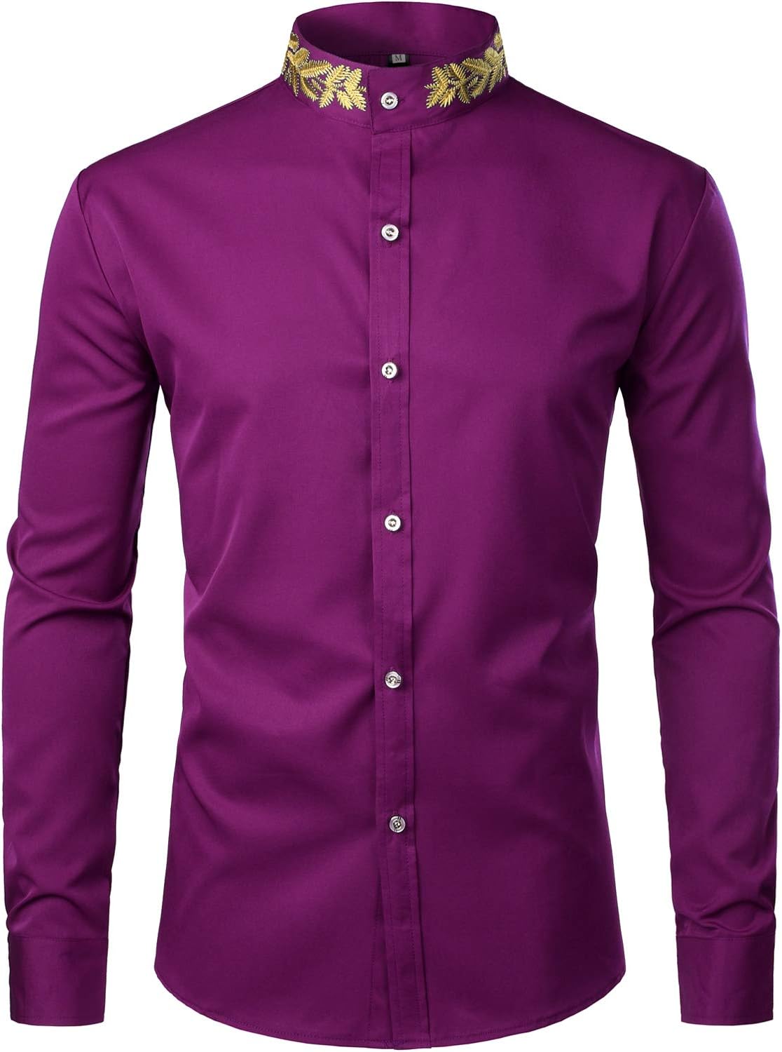 ZEROYAA Mens Hipster Gold Embroidery Mandarin Collar Slim Fit Long Sleeve Casual Dress Shirts