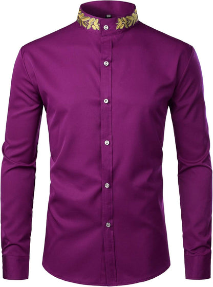 ZEROYAA Mens Hipster Gold Embroidery Mandarin Collar Slim Fit Long Sleeve Casual Dress Shirts