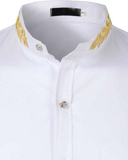 ZEROYAA Mens Hipster Gold Embroidery Mandarin Collar Slim Fit Long Sleeve Casual Dress Shirts