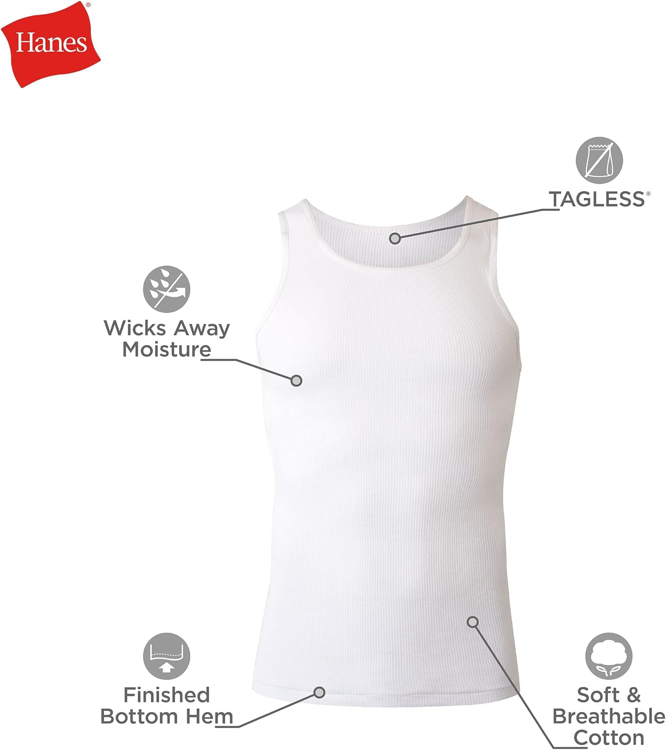 Hanes Top Undershirt Pack, 6-Pack, Moisture-Wicking Cotton Ribbed Tanks for Men