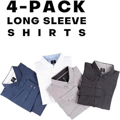 Oxford Men’S Dress Shirt, 4 Pack, Long Sleeve Button Down, Casual Fit with Big and Tall Sizes, Solid Modern Colors