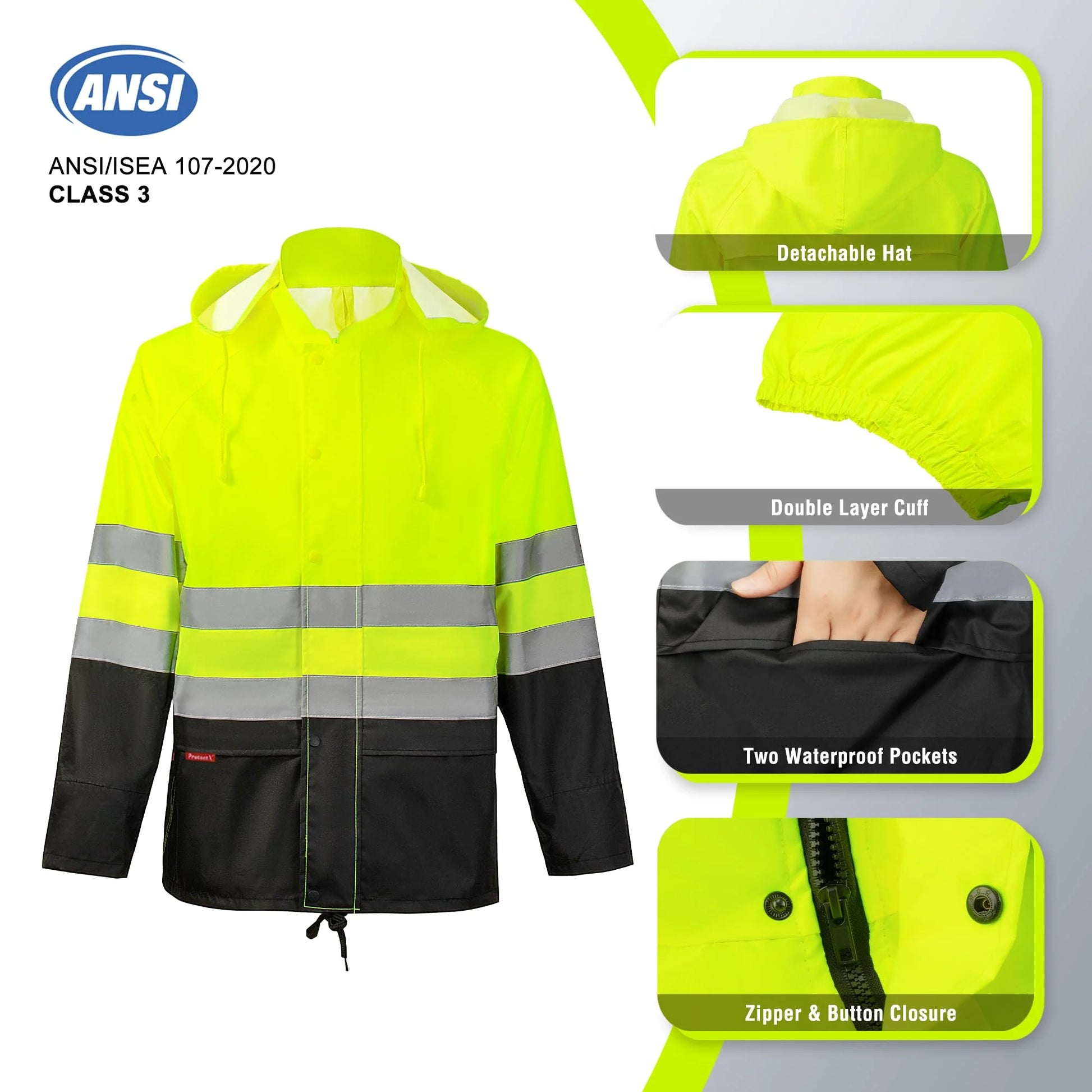 Hi Vis Safety Rain Jacket and Pants, Waterproof Reflective Rain Gear for Farming Fishing Work, Men Women Rain Suit with Inner Mesh Lining and Pockets, Green