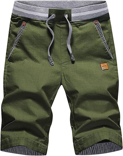Justsun Mens Shorts Casual Classic Fit Cotton Summer Beach Shorts with Elastic Waist and Pockets