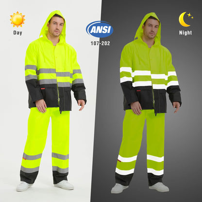 Hi Vis Safety Rain Jacket and Pants, Waterproof Reflective Rain Gear for Farming Fishing Work, Men Women Rain Suit with Inner Mesh Lining and Pockets, Green