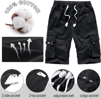 Xinyangni Men'S Cargo Shorts Elastic Waist Relaxed Fit Cotton Casual Outdoor Lightweight Work Shorts Multi-Pockets