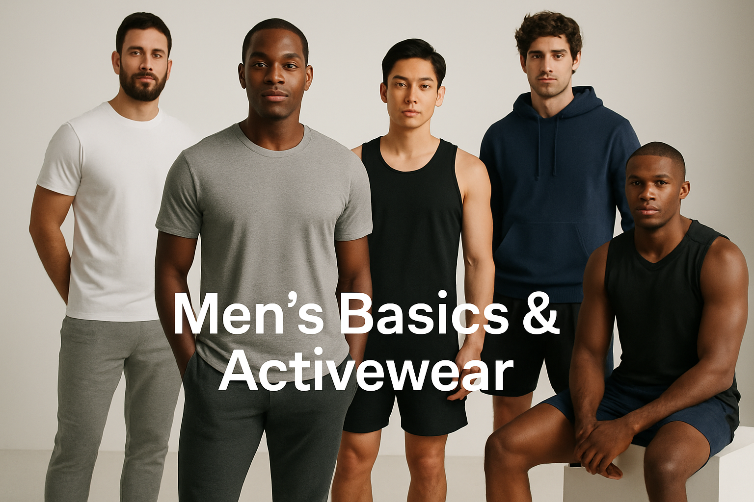 men modeling men's basic & activewear with the caption Men's Basics & Activewear