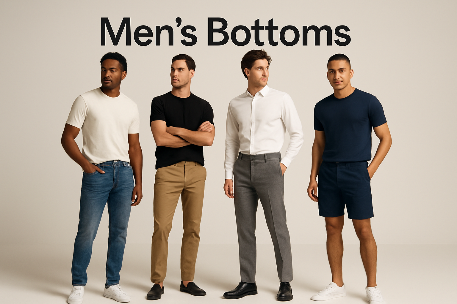men modeling men's bottoms with the caption Men's Bottoms