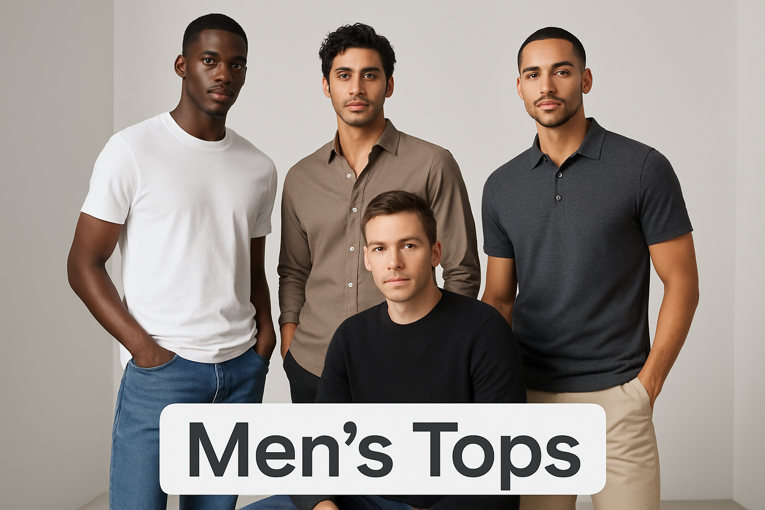 men modeling men's tops with the caption Men's Tops